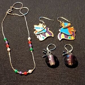 Colorful Tribal Style Beaded Necklace Gold-tone and Earring Bundle.